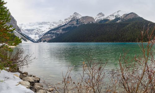 Scenic view of lake by snowcapped mountains against sky