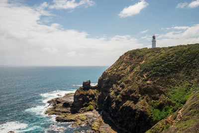 Lighthouse by sea against sky