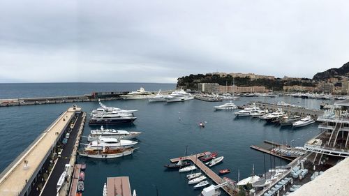 High angle view of boats moored in sea