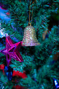 Close-up of christmas decoration hanging on tree