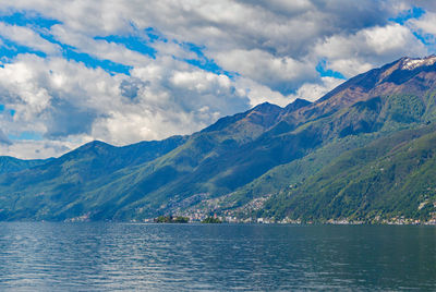 Scenic view of lake by mountains against sky