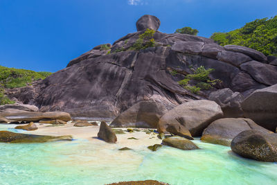 Rock formation in sea against clear blue sky