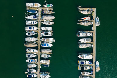 High angle view of boats moored in sea