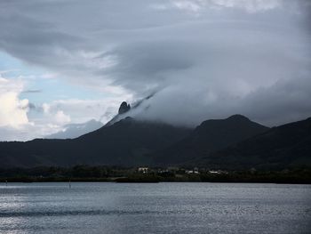 Scenic view of lake by mountains against sky