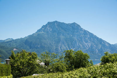 Scenic view of mountains against clear blue sky