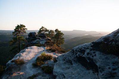 Scenic view of rocky mountains against clear sky