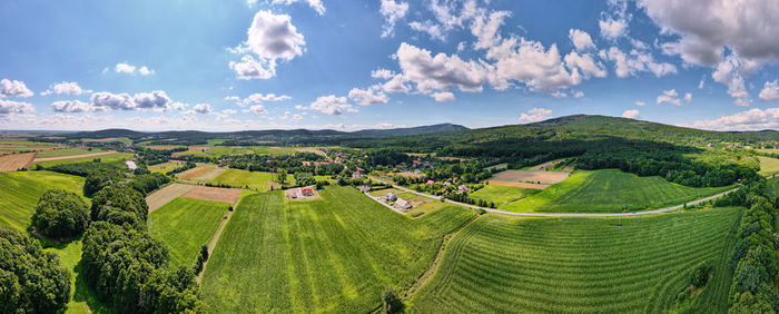 Aerial view of agricultural and green fields in countryside