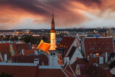 High angle view of buildings against sky during sunset