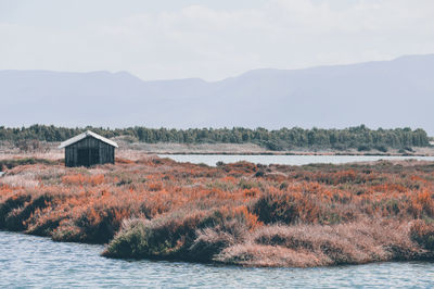 Hut by lake against sky