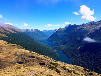 Scenic view of lake and mountains against blue sky