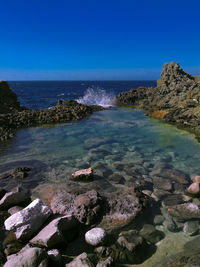 Scenic view of sea against clear blue sky