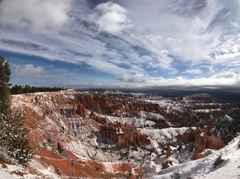 Aerial view of snowcapped landscape against sky