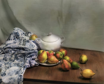 High angle view of fruits in bowl on table