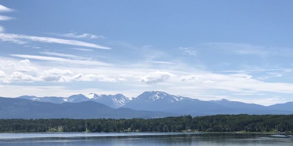 Scenic view of lake by mountains against sky