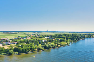 Scenic view of river against clear blue sky