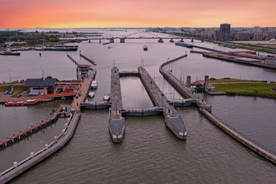 Aerial from oranje sluices in amsterdam the netherlands at sunset