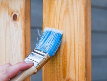 Close-up of paintbrush on wood