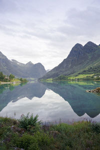 Scenic view of lake and mountains against sky