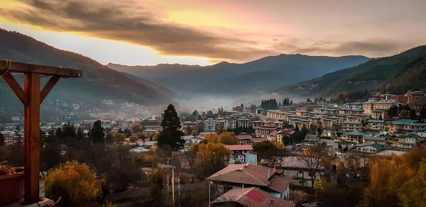 High angle view of townscape against sky during sunset