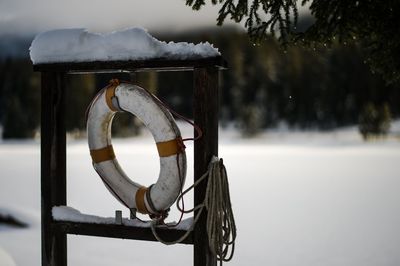 Close-up of life belt during winter