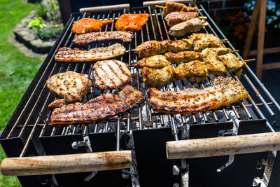 Different types of meat fried on the home grill, standing on a home garden on the paving stone.