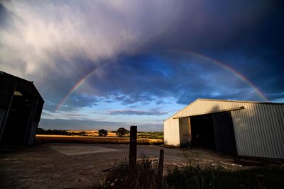 Rainbow over buildings in field against sky at sunset