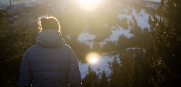 Rear view of man standing against trees during sunset