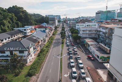 High angle view of city street against sky