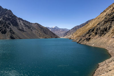 Scenic view of lake and mountains against clear blue sky