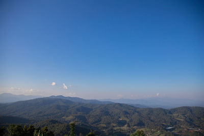 Scenic view of mountains against clear blue sky