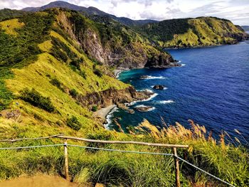 High angle view of sea and mountains