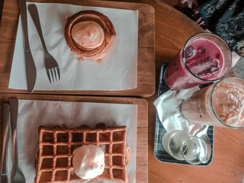 High angle view of ice cream on table