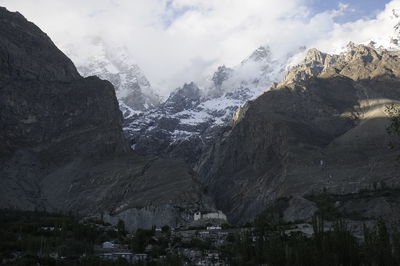 Scenic view of mountains against sky during winter