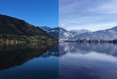 Scenic view of lake by snowcapped mountains against sky