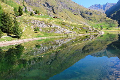 Scenic view of lake and mountains against sky