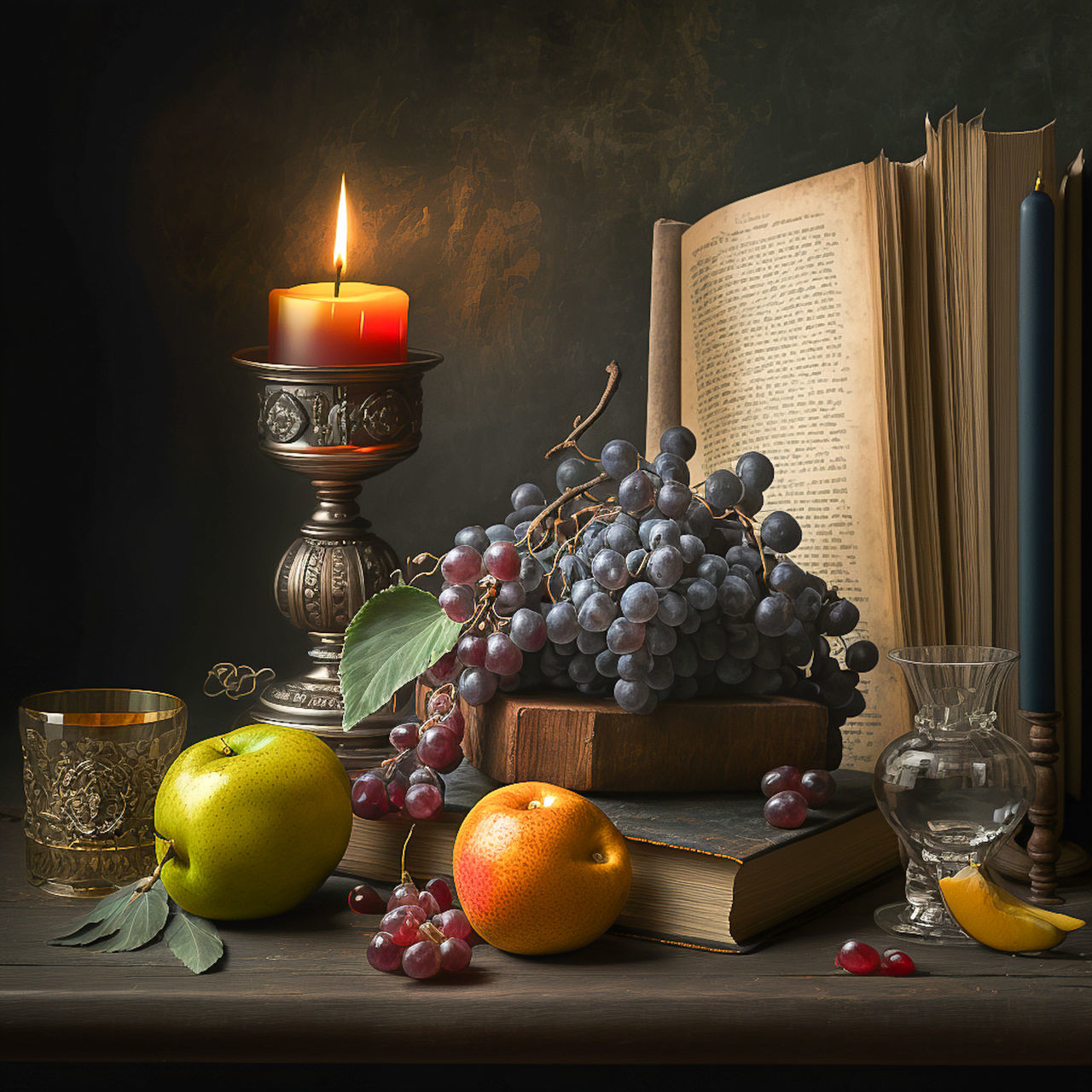 still life photography, still life, candle, fruit, painting, food and drink, food, healthy eating, indoors, table, lighting, no people, burning, apple, wellbeing, nature, grape, apple - fruit, fire, citrus fruit, interior design, celebration, studio shot, yellow, flame, black background, decoration, freshness, holiday, container, tradition