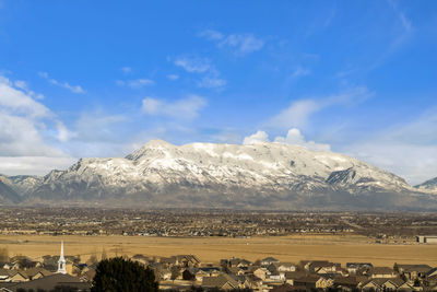 Scenic view of snowcapped mountains against sky