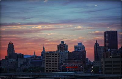 City skyline at sunset