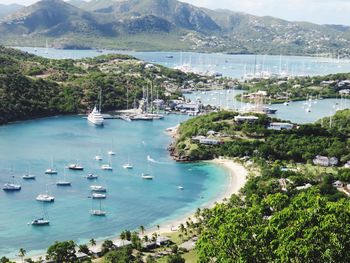 High angle view of boats in bay