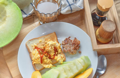 High angle view of breakfast served on table