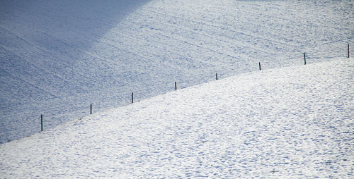 High angle view of snow covered field