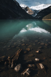 Scenic view of lake and snowcapped mountains