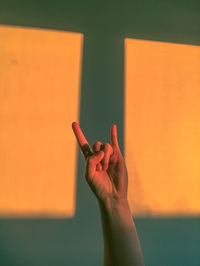 Close-up of hand with gesture against wall
