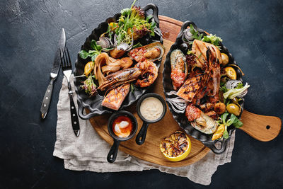 High angle view of meal served on table