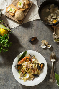 High angle view of food served on table