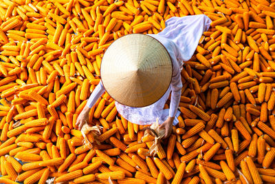 High angle view of young woman wearing hat sitting on corns