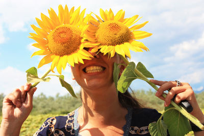 Happy nice woman hides behind yellow blooming sunflowers in summer