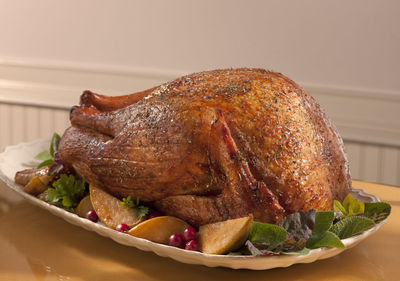 Close-up of roasted chicken served in plate