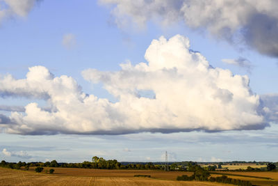 Scenic view of agricultural field against cloudy sky