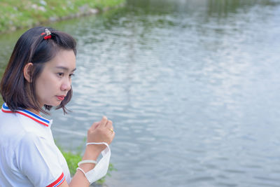 Pretty young asian woman with nature view landscape.